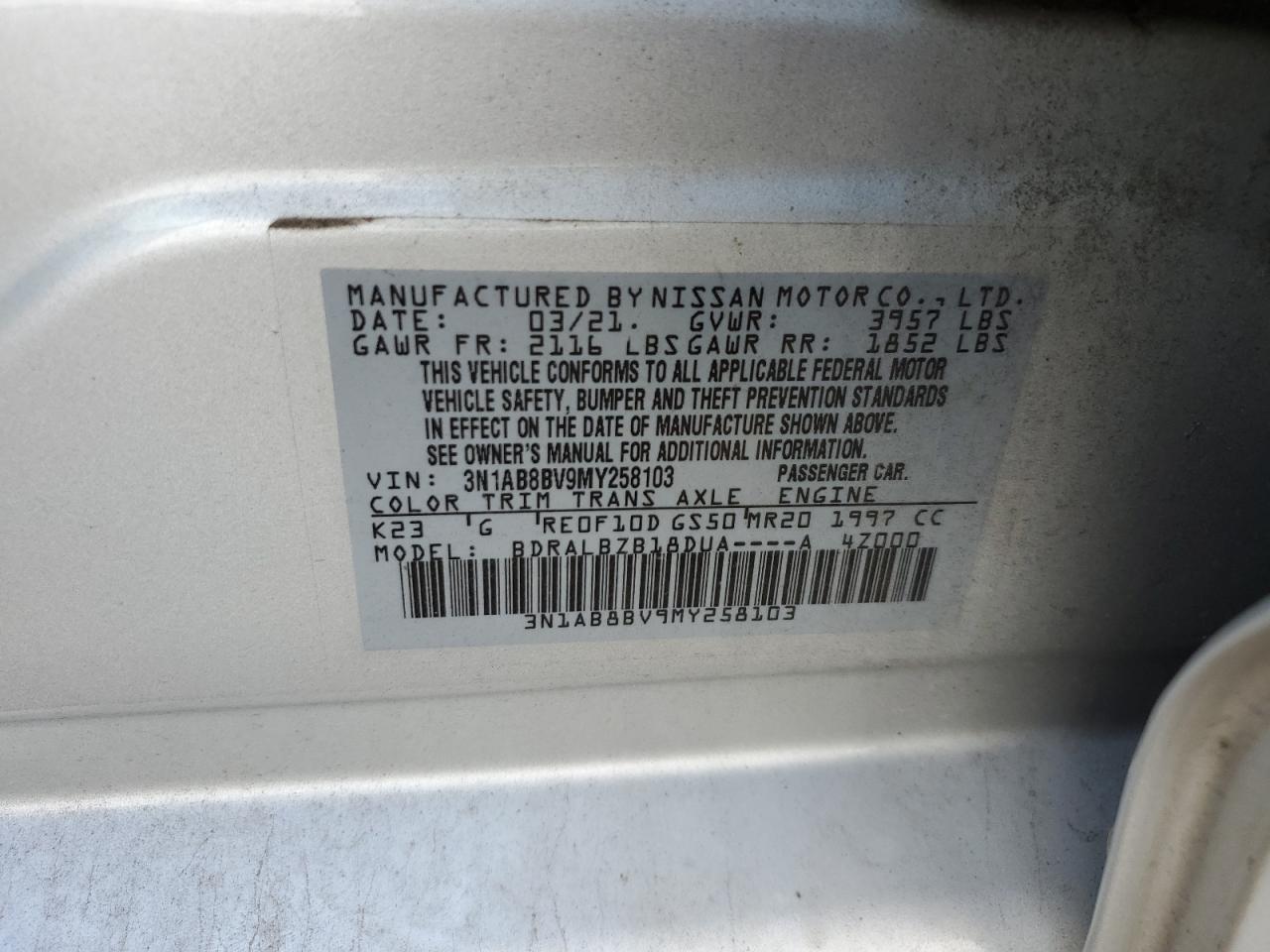 3N1AB8BV9MY258103 2021 Nissan Sentra S