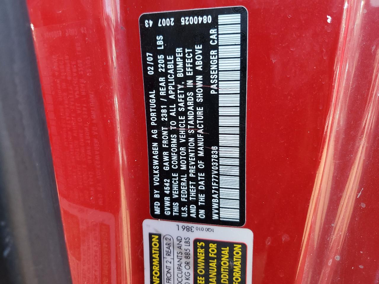 2007 Volkswagen Eos 2.0T VIN: WVWBA71F77V037836 Lot: 67874694