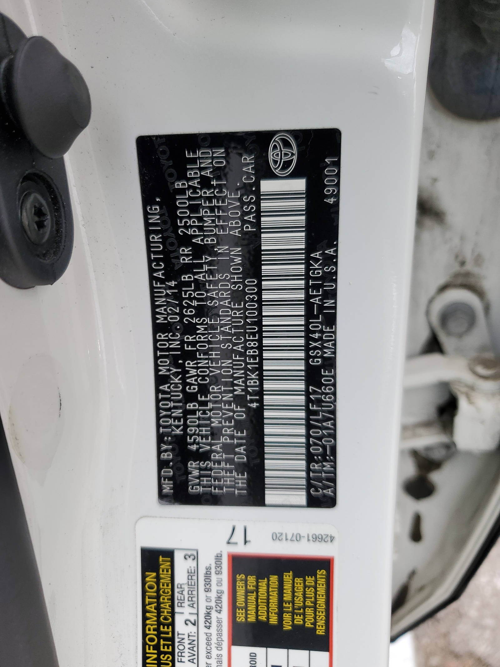 4T1BK1EB8EU100300 2014 Toyota Avalon Base