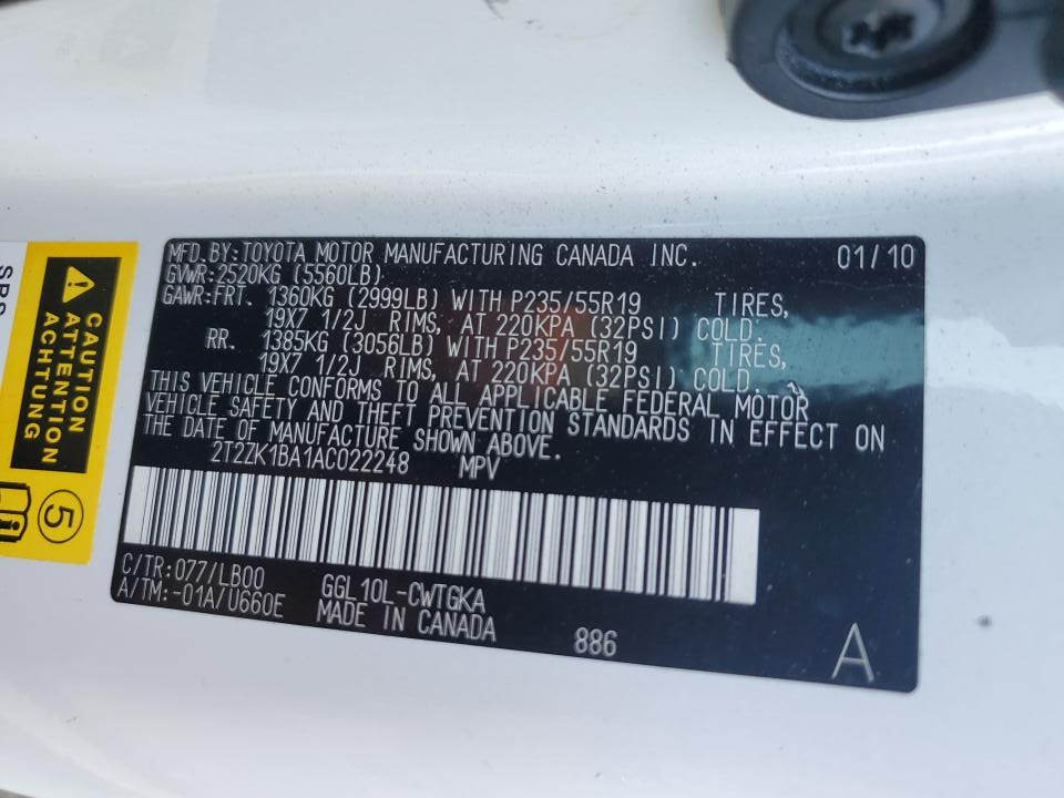 2T2ZK1BA1AC022248 2010 Lexus Rx 350