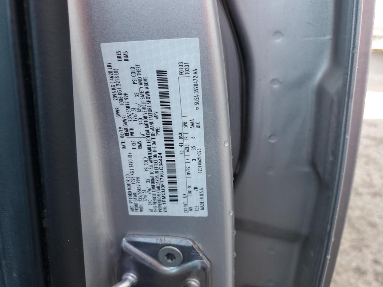 2019 Ford Escape S VIN: 1FMCU0F77KUC34424 Lot: 67665984