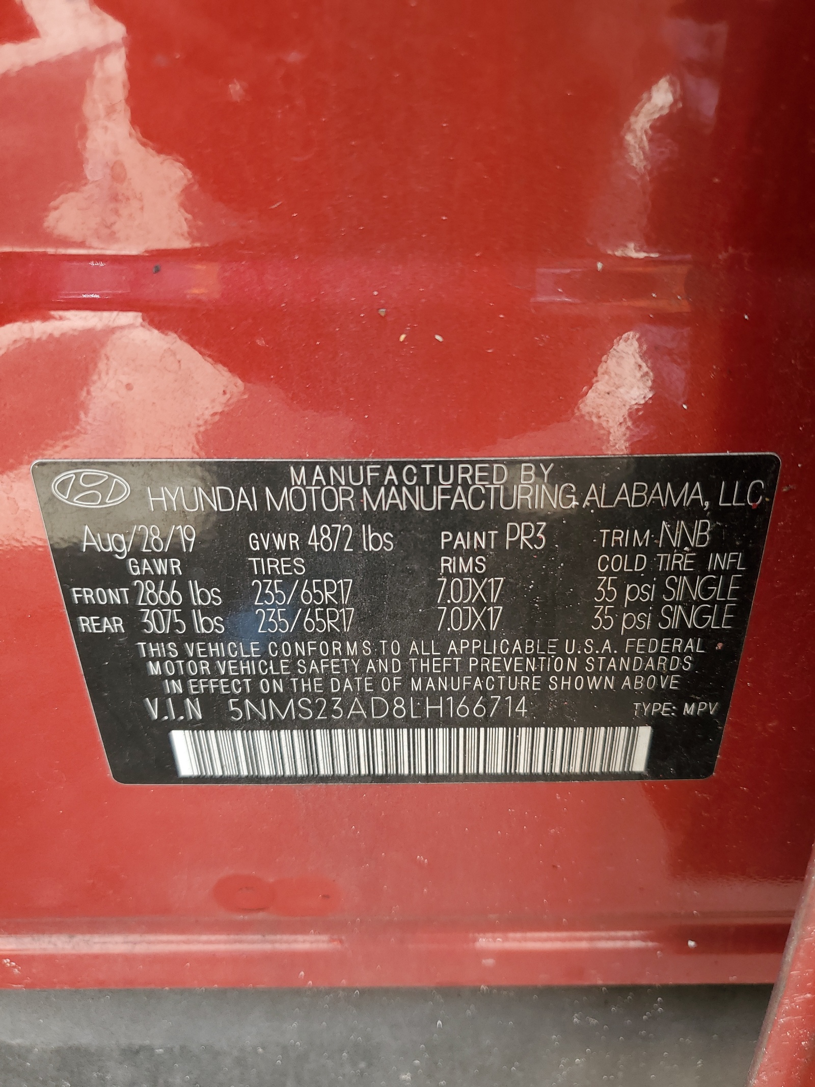 5NMS23AD8LH166714 2020 Hyundai Santa Fe Se