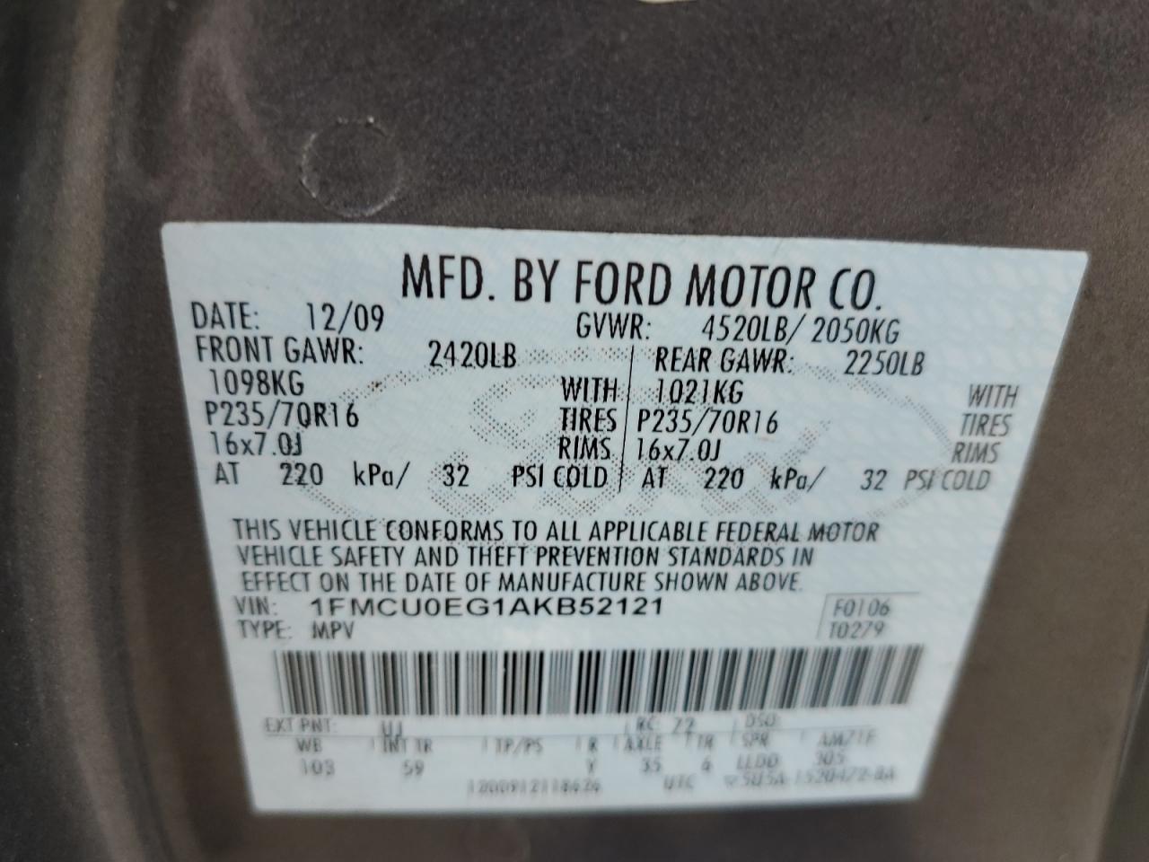 2010 Ford Escape Limited VIN: 1FMCU0EG1AKB52121 Lot: 68683214