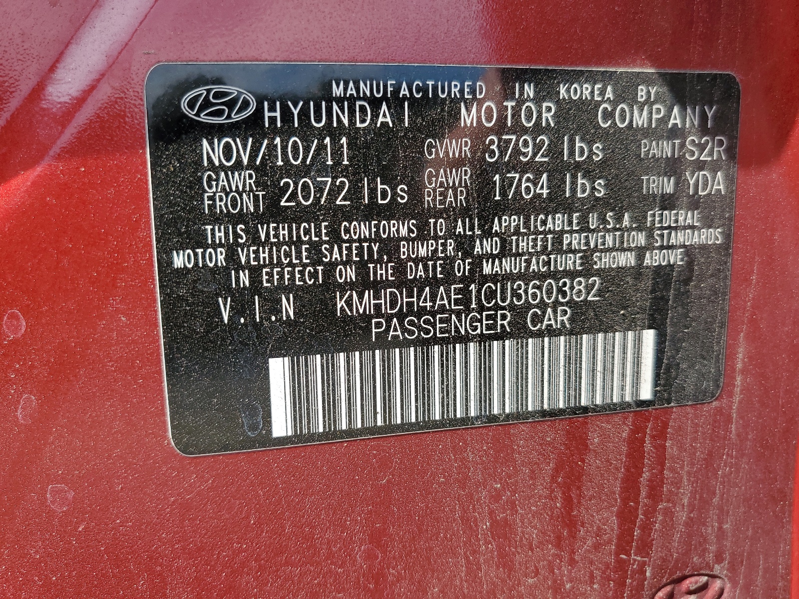 KMHDH4AE1CU360382 2012 Hyundai Elantra Gls
