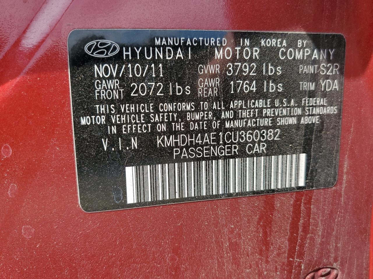 2012 Hyundai Elantra Gls VIN: KMHDH4AE1CU360382 Lot: 66069314