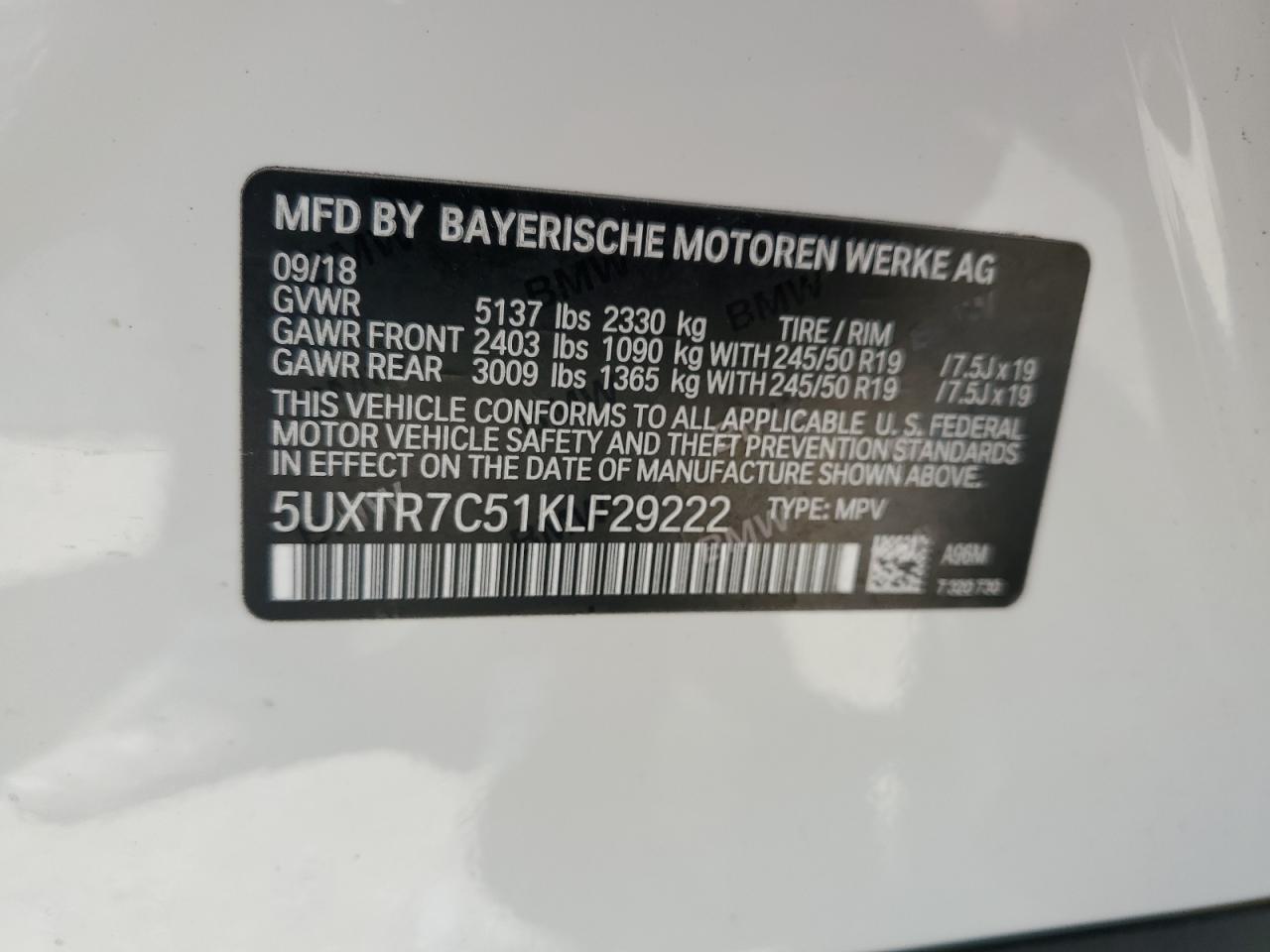 2019 BMW X3 Sdrive30I VIN: 5UXTR7C51KLF29222 Lot: 68904594