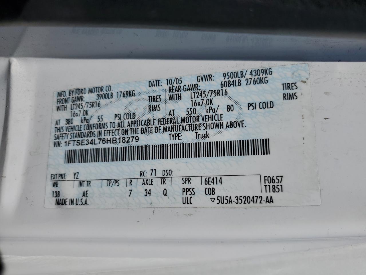 2006 Ford Econoline E350 Super Duty Van VIN: 1FTSE34L76HB18279 Lot: 68136984