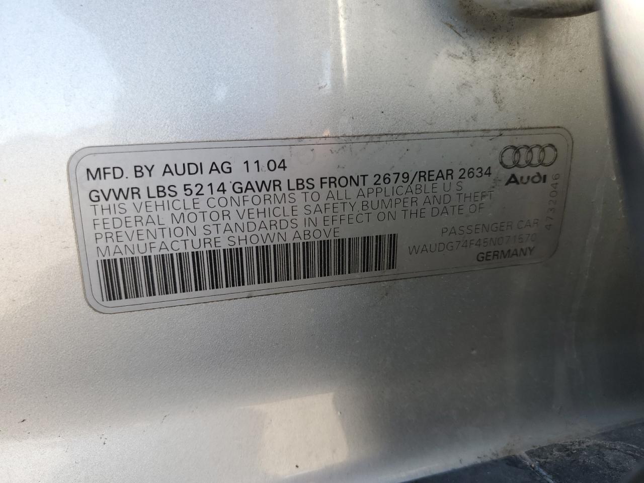 2005 Audi A6 3.2 Quattro VIN: WAUDG74F45N071570 Lot: 68950644