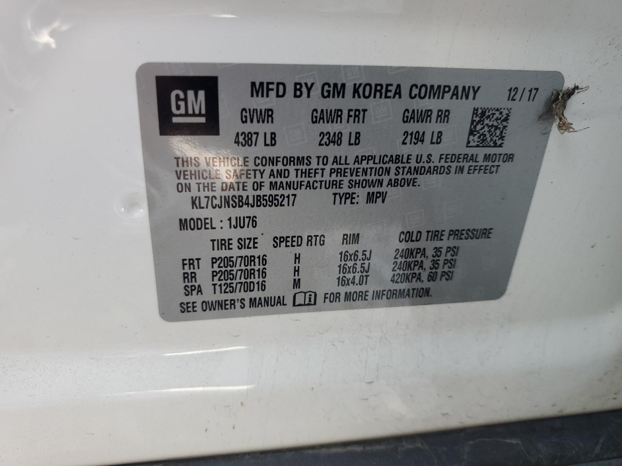 KL7CJNSB4JB595217 2018 Chevrolet Trax Ls