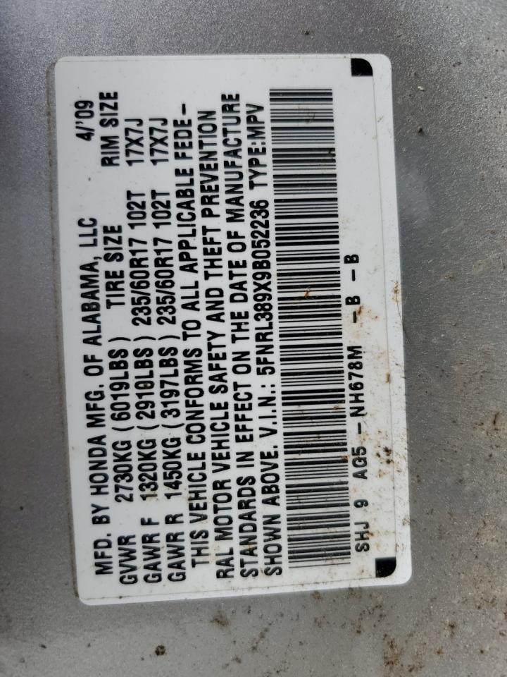 2009 Honda Odyssey Touring VIN: 5FNRL389X9B052236 Lot: 67088994