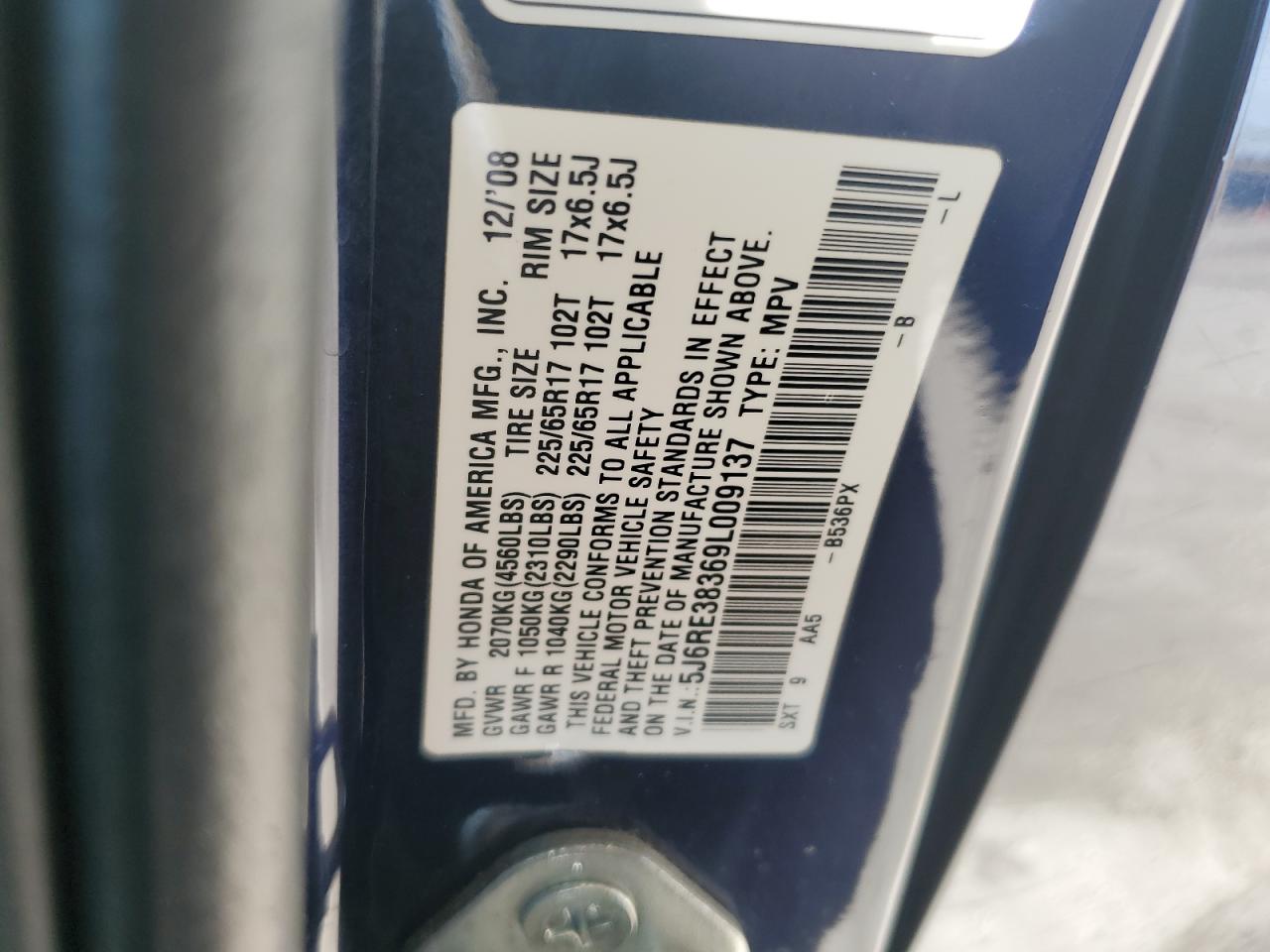 2009 Honda Cr-V Lx VIN: 5J6RE38369L009137 Lot: 68233624