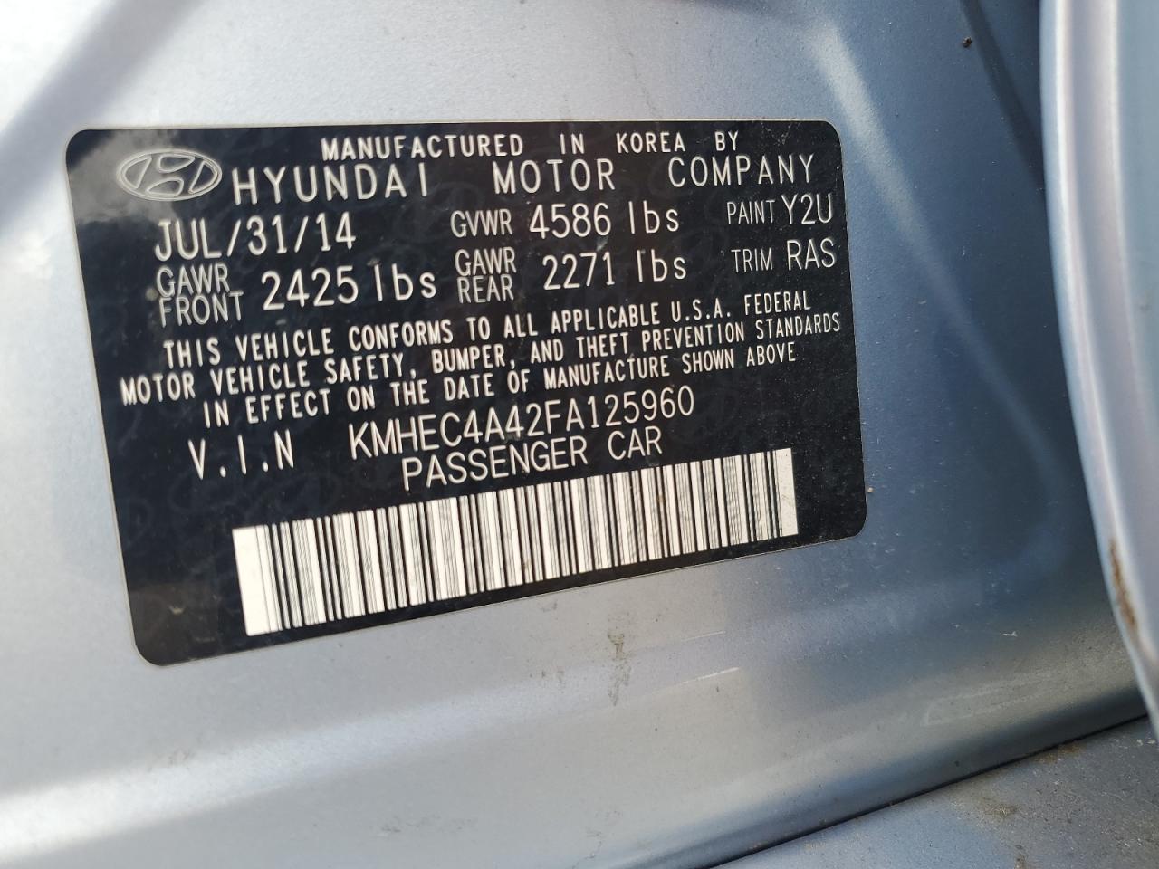 2015 Hyundai Sonata Hybrid VIN: KMHEC4A42FA125960 Lot: 69583954