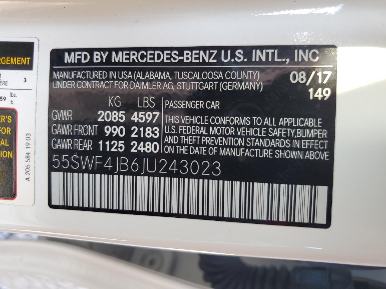 2018 Mercedes-Benz C 300 VIN: 55SWF4JB6JU243023 Lot: 65784354