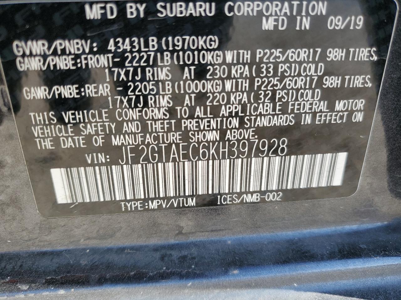 JF2GTAEC6KH397928 2019 Subaru Crosstrek Premium