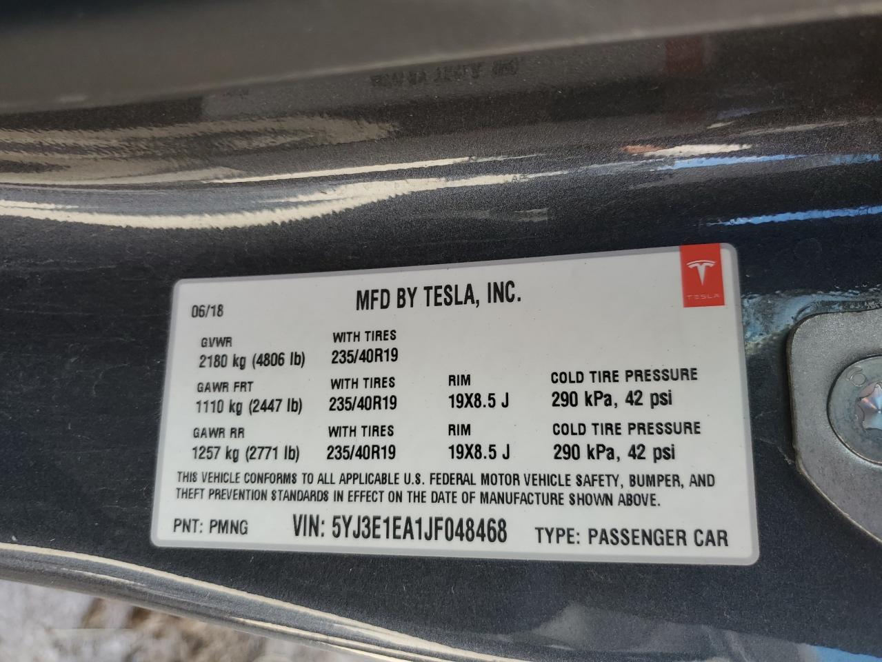 2018 Tesla Model 3 VIN: 5YJ3E1EA1JF048468 Lot: 67695754