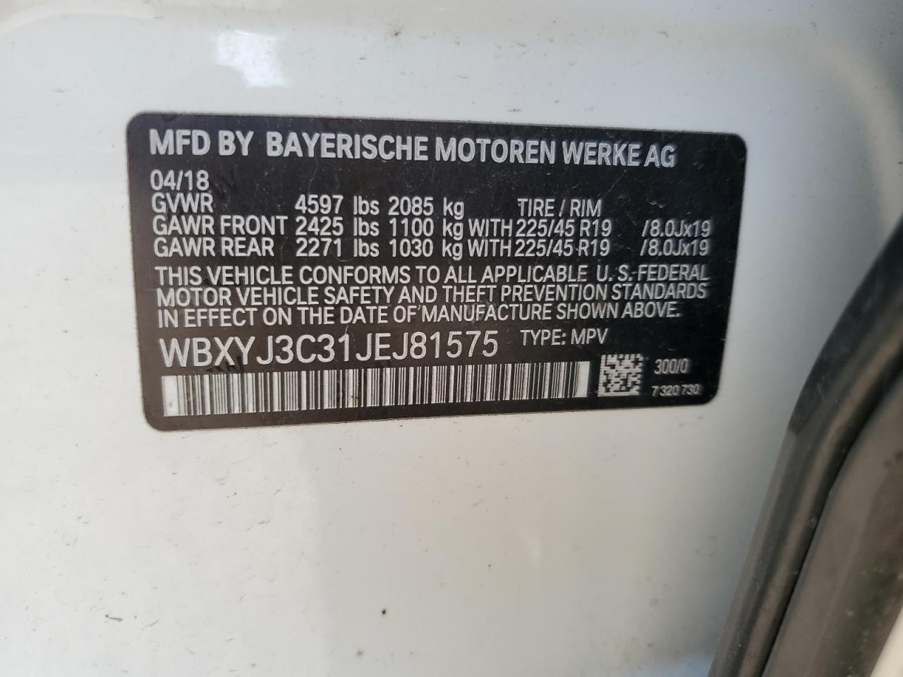 2018 BMW X2 Sdrive28I VIN: WBXYJ3C31JEJ81575 Lot: 65709204