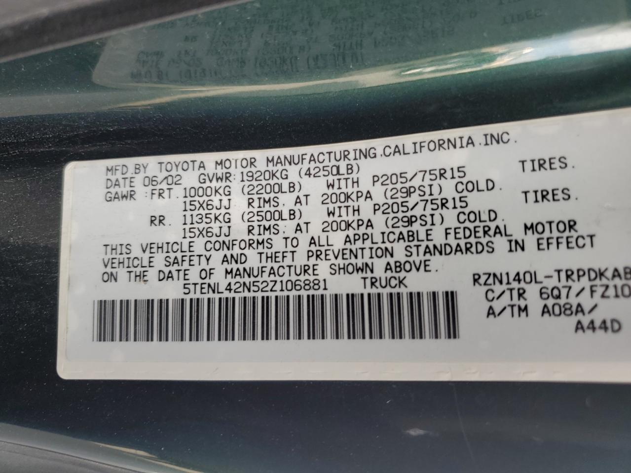 2002 Toyota Tacoma VIN: 5TENL42N52Z106881 Lot: 66521244