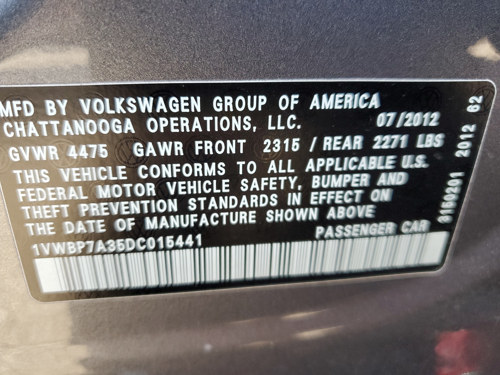 1VWBP7A35DC015441 2013 Volkswagen Passat Se