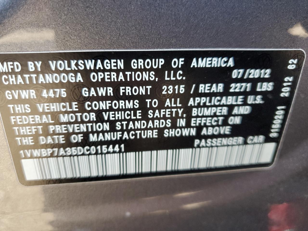 2013 Volkswagen Passat Se VIN: 1VWBP7A35DC015441 Lot: 66110924