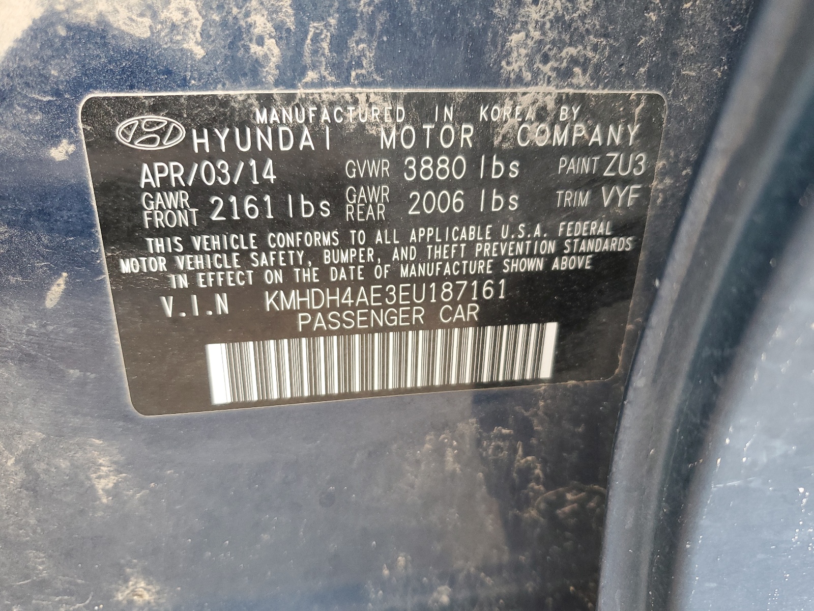 KMHDH4AE3EU187161 2014 Hyundai Elantra Se