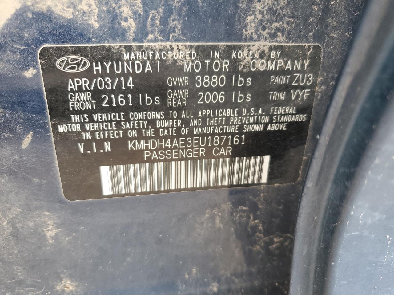 2014 Hyundai Elantra Se VIN: KMHDH4AE3EU187161 Lot: 66973024