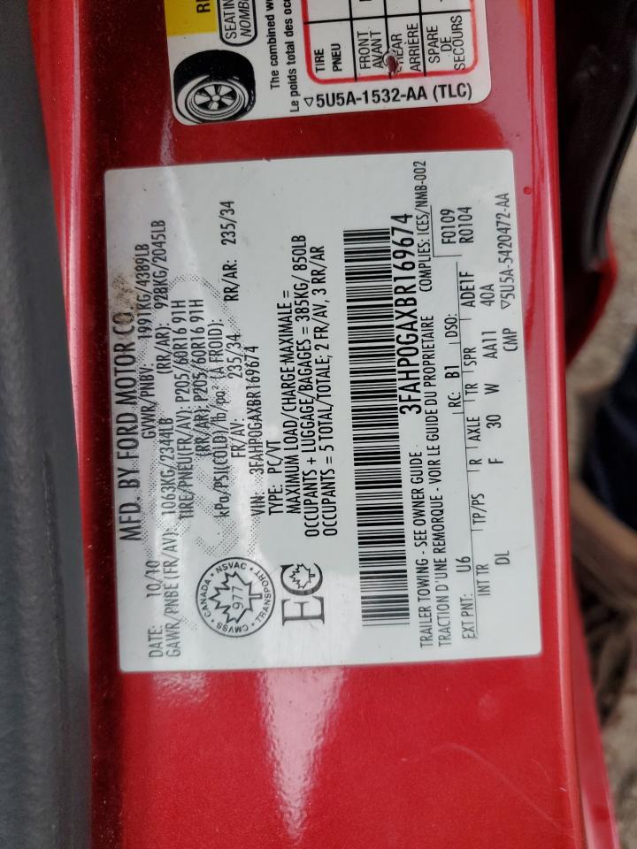 2011 Ford Fusion S VIN: 3FAHP0GAXBR169674 Lot: 67274874