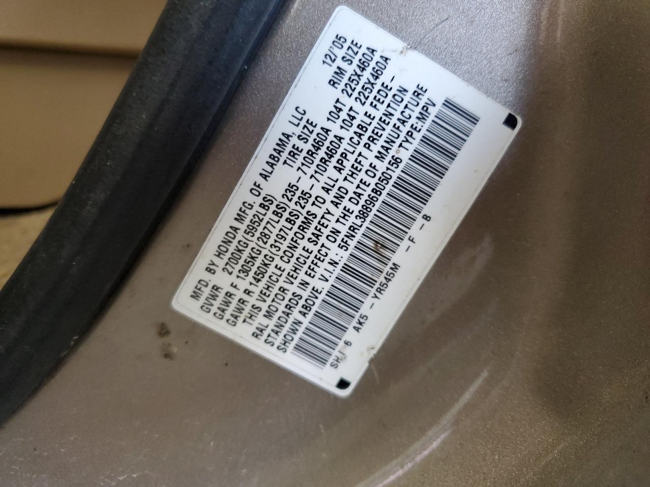 2006 Honda Odyssey Touring VIN: 5FNRL38896B050156 Lot: 66313354