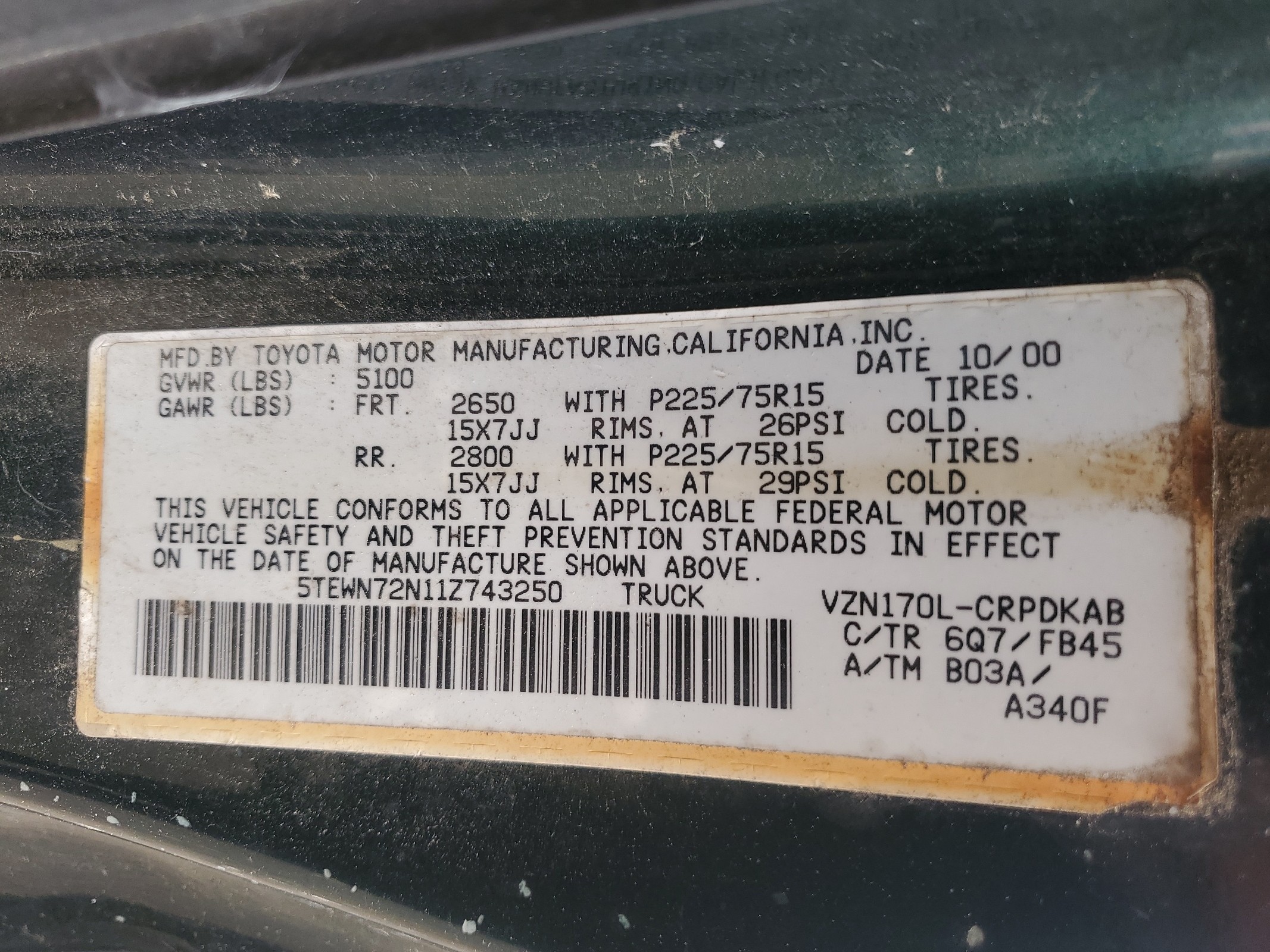 5TEWN72N11Z743250 2001 Toyota Tacoma Xtracab