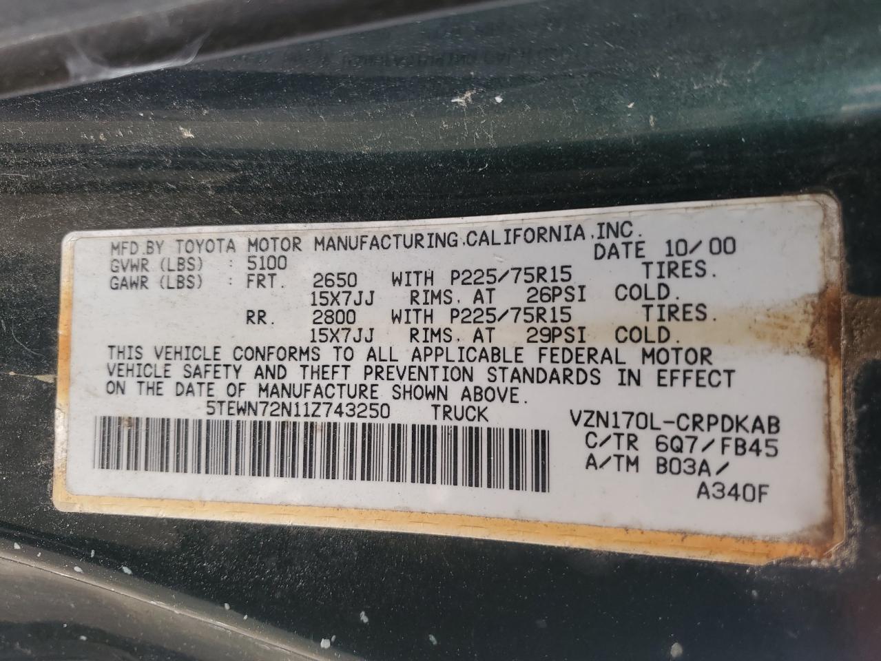 2001 Toyota Tacoma Xtracab VIN: 5TEWN72N11Z743250 Lot: 68104994