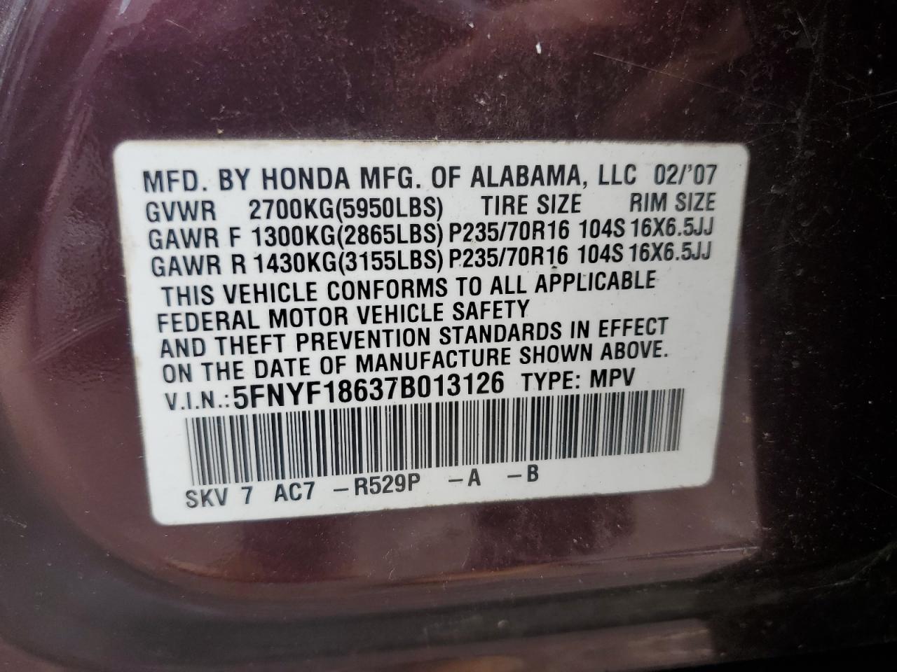 2007 Honda Pilot Exl VIN: 5FNYF18637B013126 Lot: 65163704
