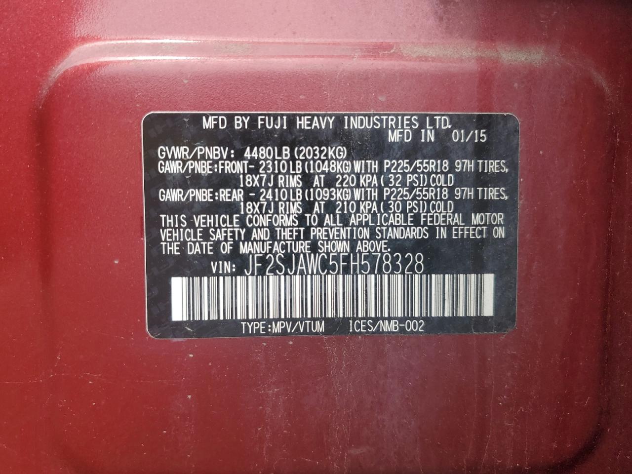 2015 Subaru Forester 2.5I Touring VIN: JF2SJAWC5FH578328 Lot: 65795954