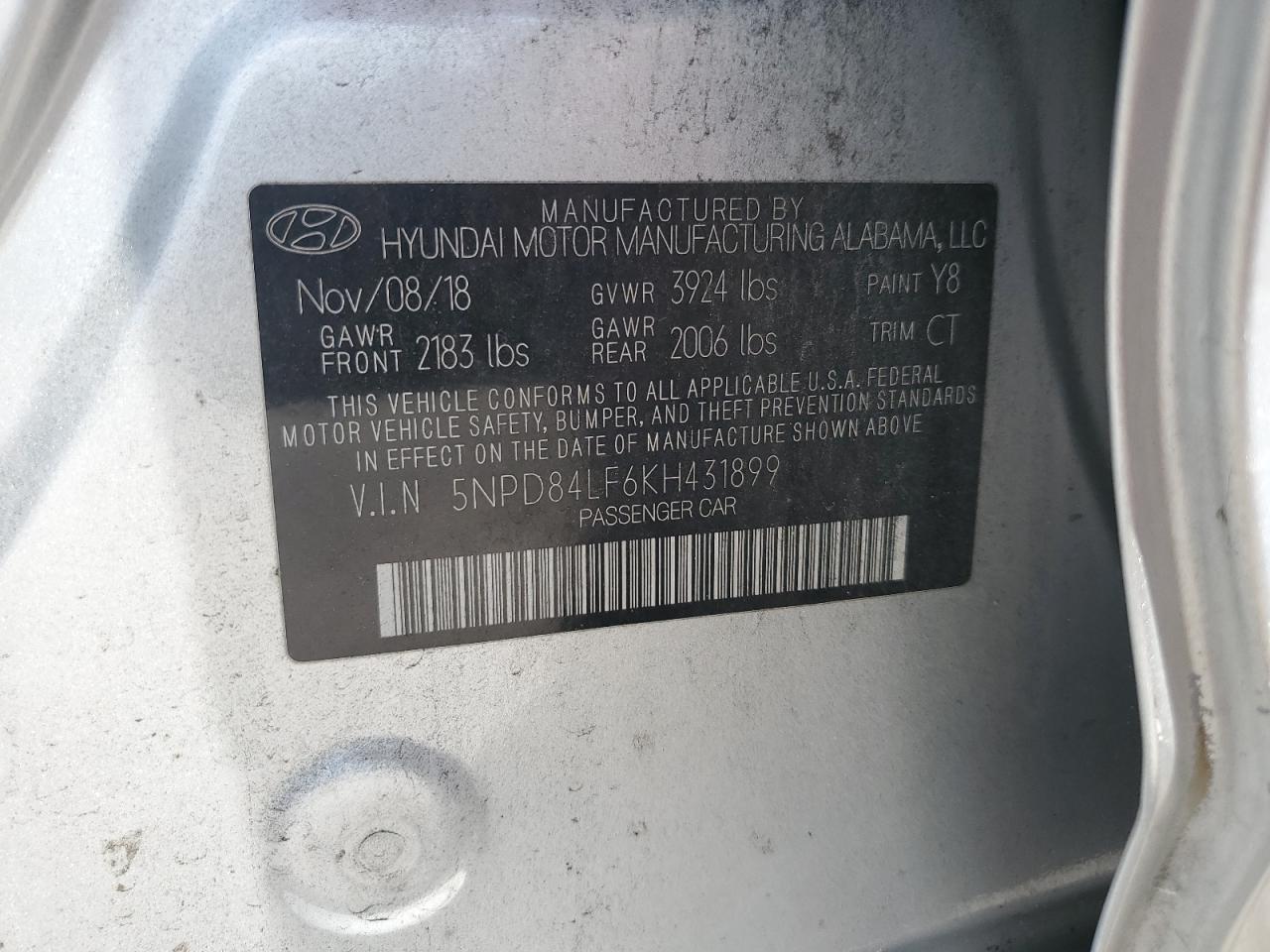 2019 Hyundai Elantra Sel VIN: 5NPD84LF6KH431899 Lot: 64985854