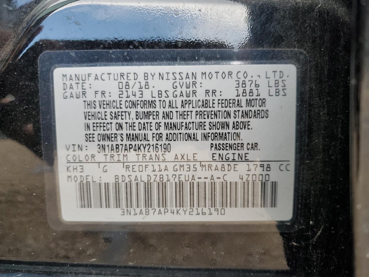 VIN 3N1AB7AP4KY216190 2019 NISSAN SENTRA no.12