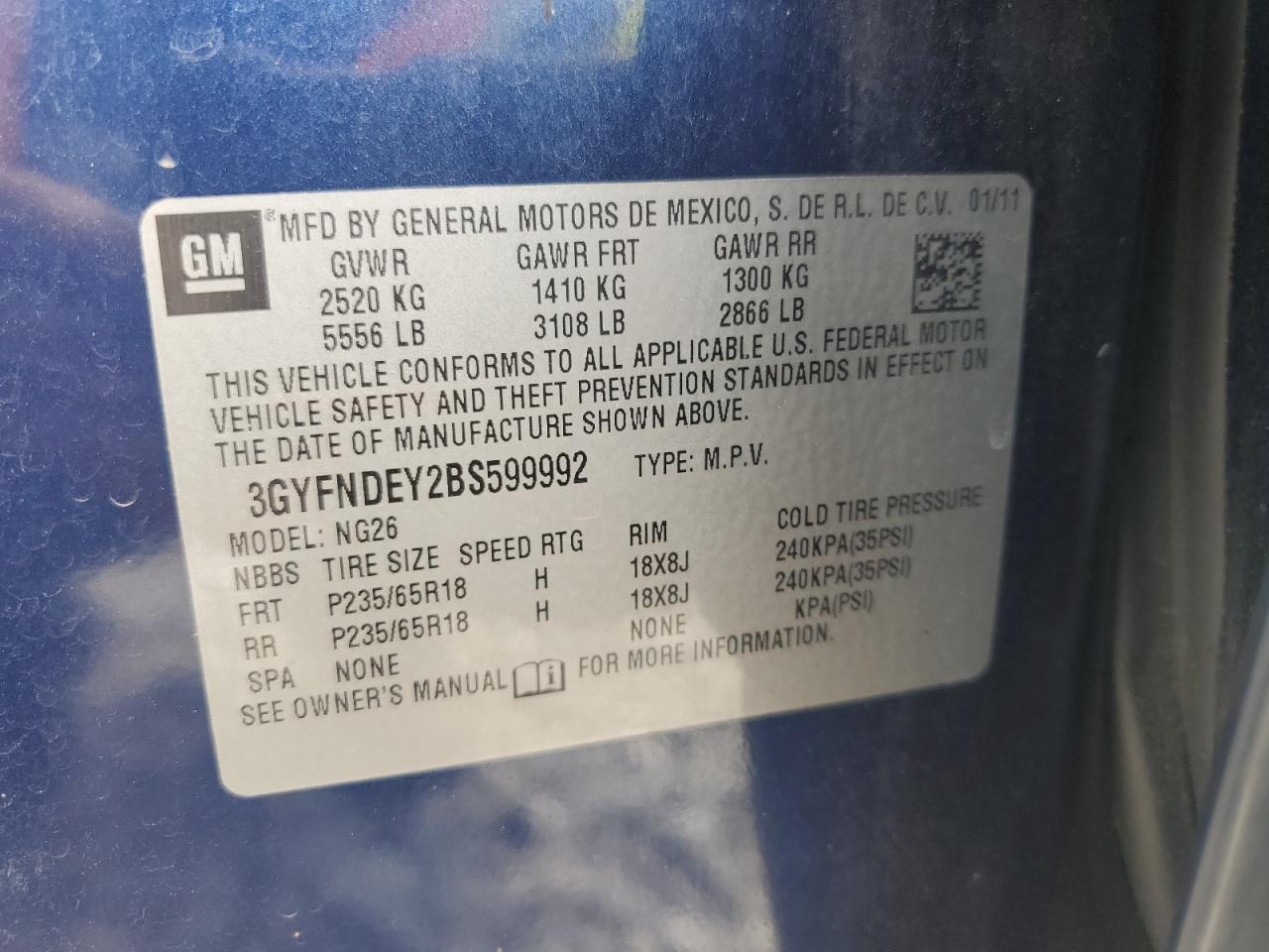 2011 Cadillac Srx Luxury Collection VIN: 3GYFNDEY2BS599992 Lot: 65978274