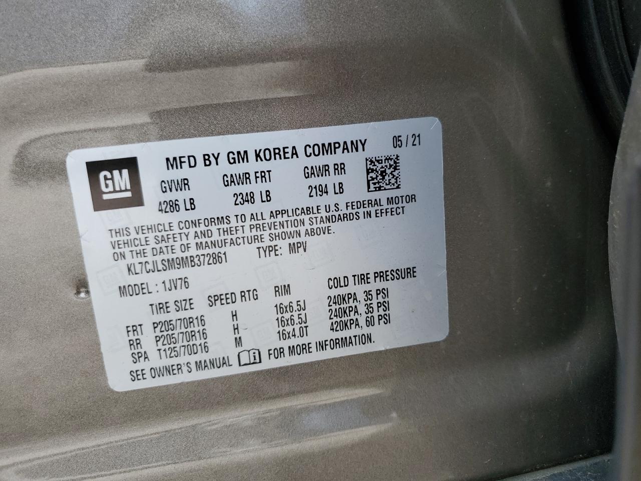 2021 Chevrolet Trax 1Lt VIN: KL7CJLSM9MB372861 Lot: 65731574