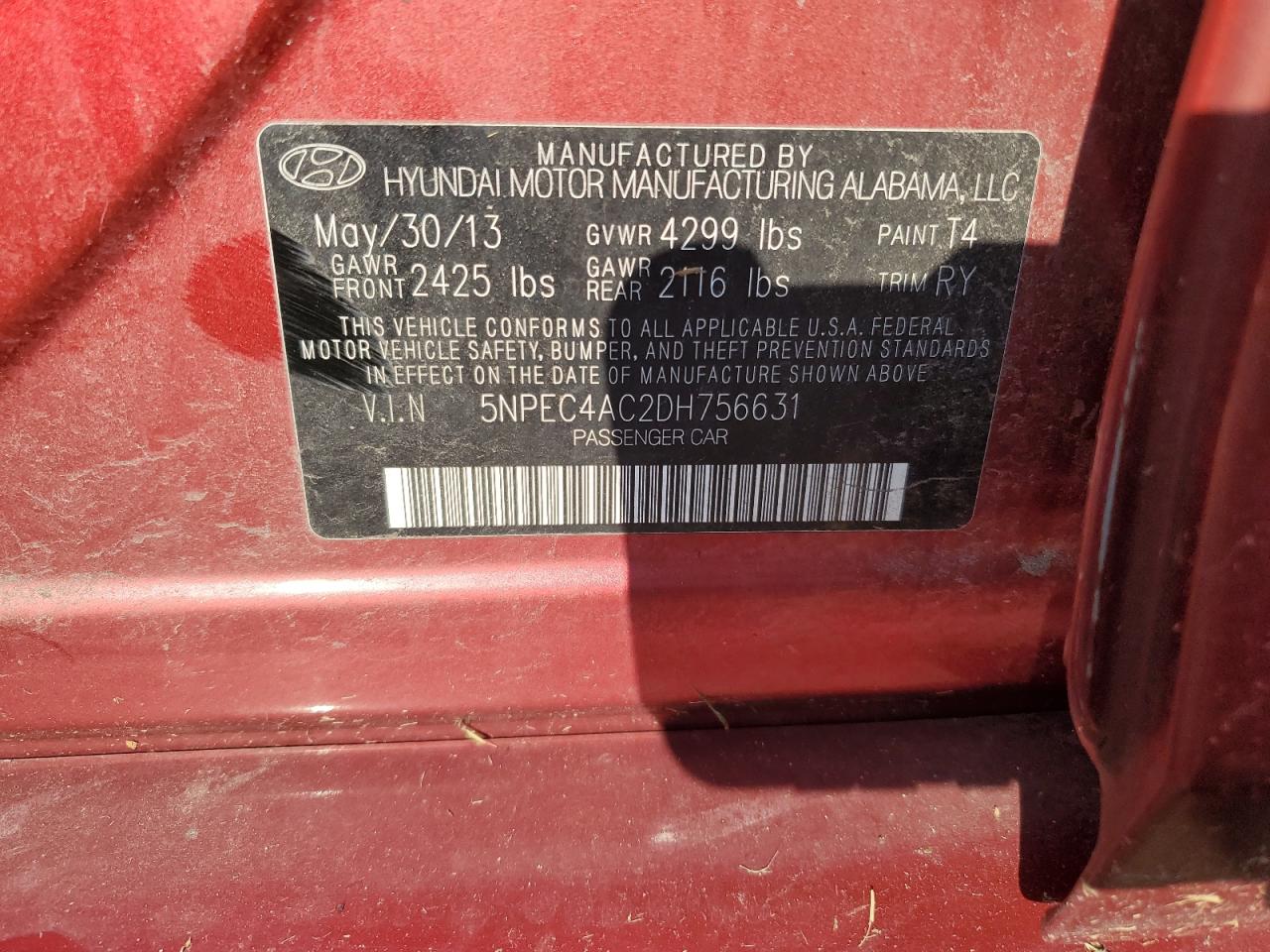 2013 Hyundai Sonata Se VIN: 5NPEC4AC2DH756631 Lot: 67031244