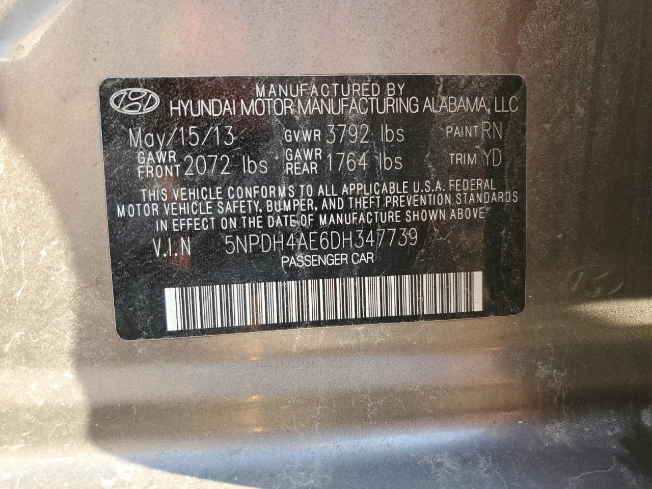 2013 Hyundai Elantra Gls VIN: 5NPDH4AE6DH347739 Lot: 64296034