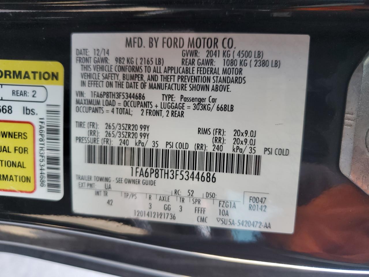 2015 Ford Mustang VIN: 1FA6P8TH3F5344686 Lot: 67378894