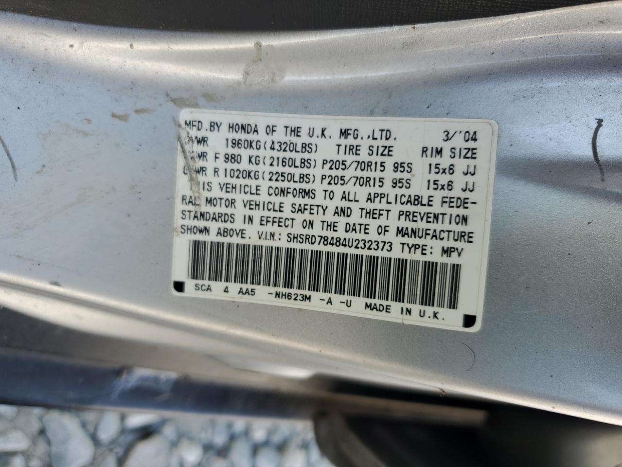 2004 Honda Cr-V Lx VIN: SHSRD78484U232373 Lot: 66815874