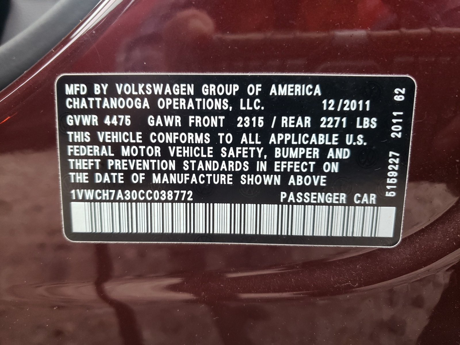 1VWCH7A30CC038772 2012 Volkswagen Passat Sel