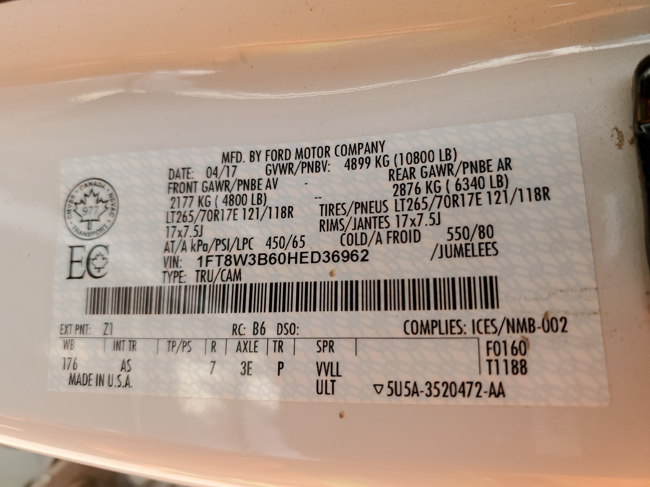 1FT8W3B60HED36962 2017 Ford F350 Super Duty