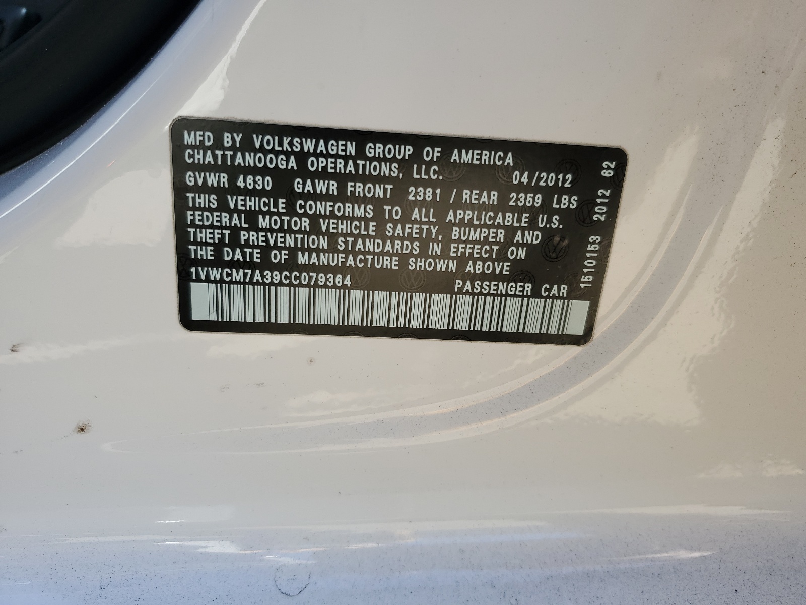 1VWCM7A39CC079364 2012 Volkswagen Passat Sel