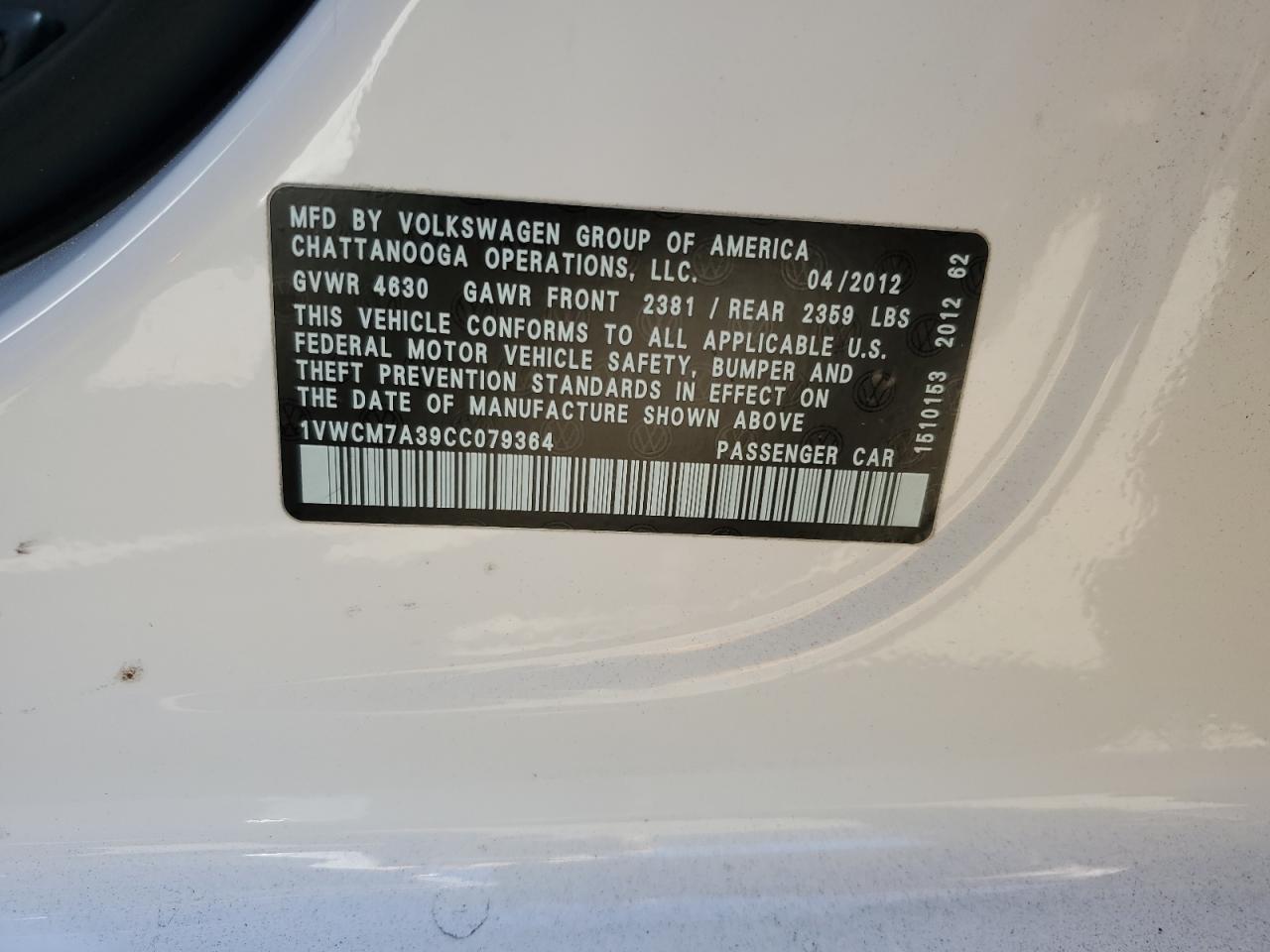 2012 Volkswagen Passat Sel VIN: 1VWCM7A39CC079364 Lot: 67977934