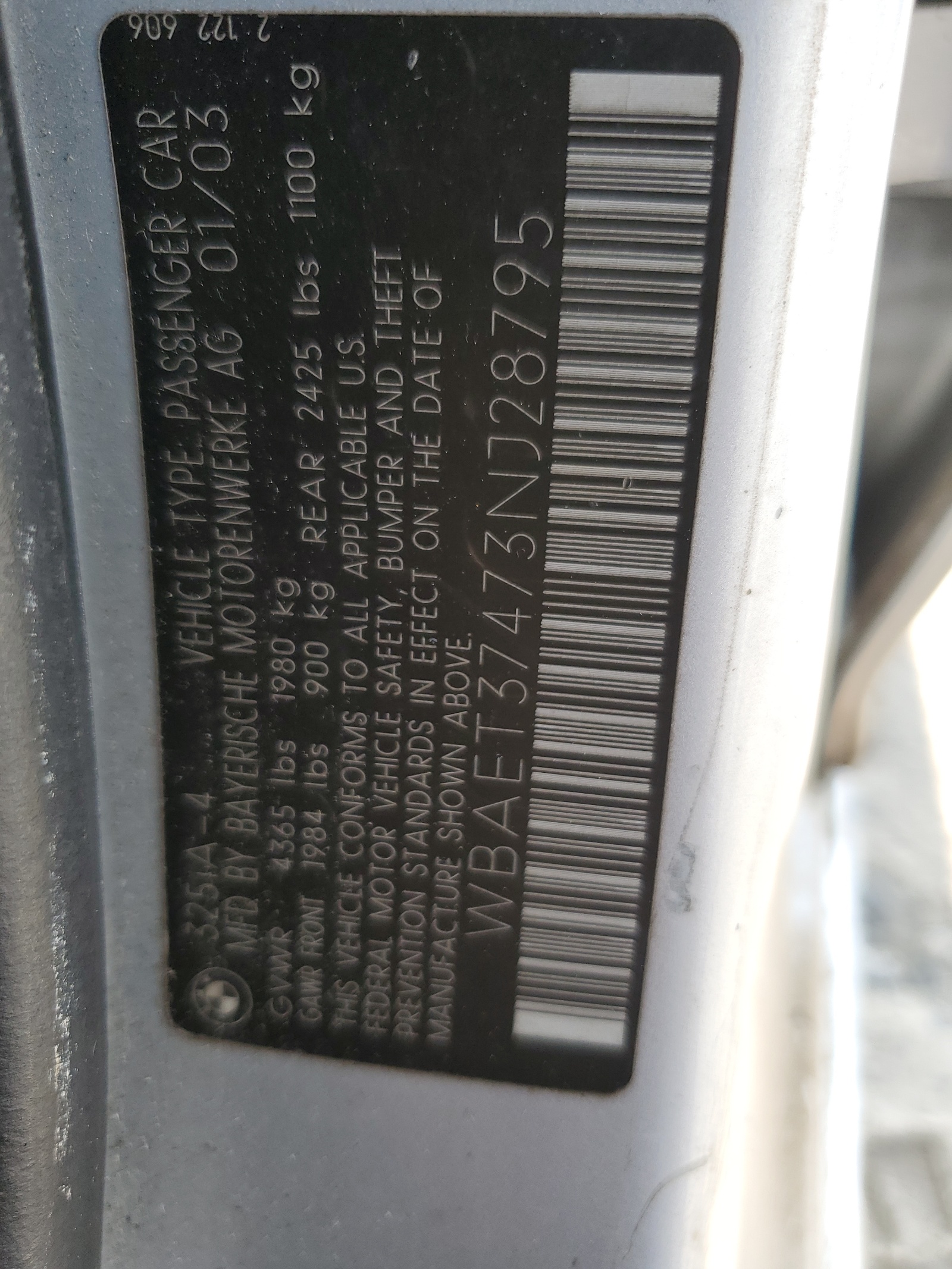 WBAET37473NJ28795 2003 BMW 325 I