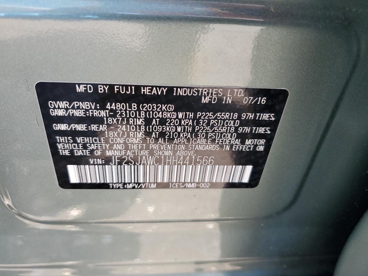 2017 Subaru Forester 2.5I Touring VIN: JF2SJAWC1HH441566 Lot: 67206844