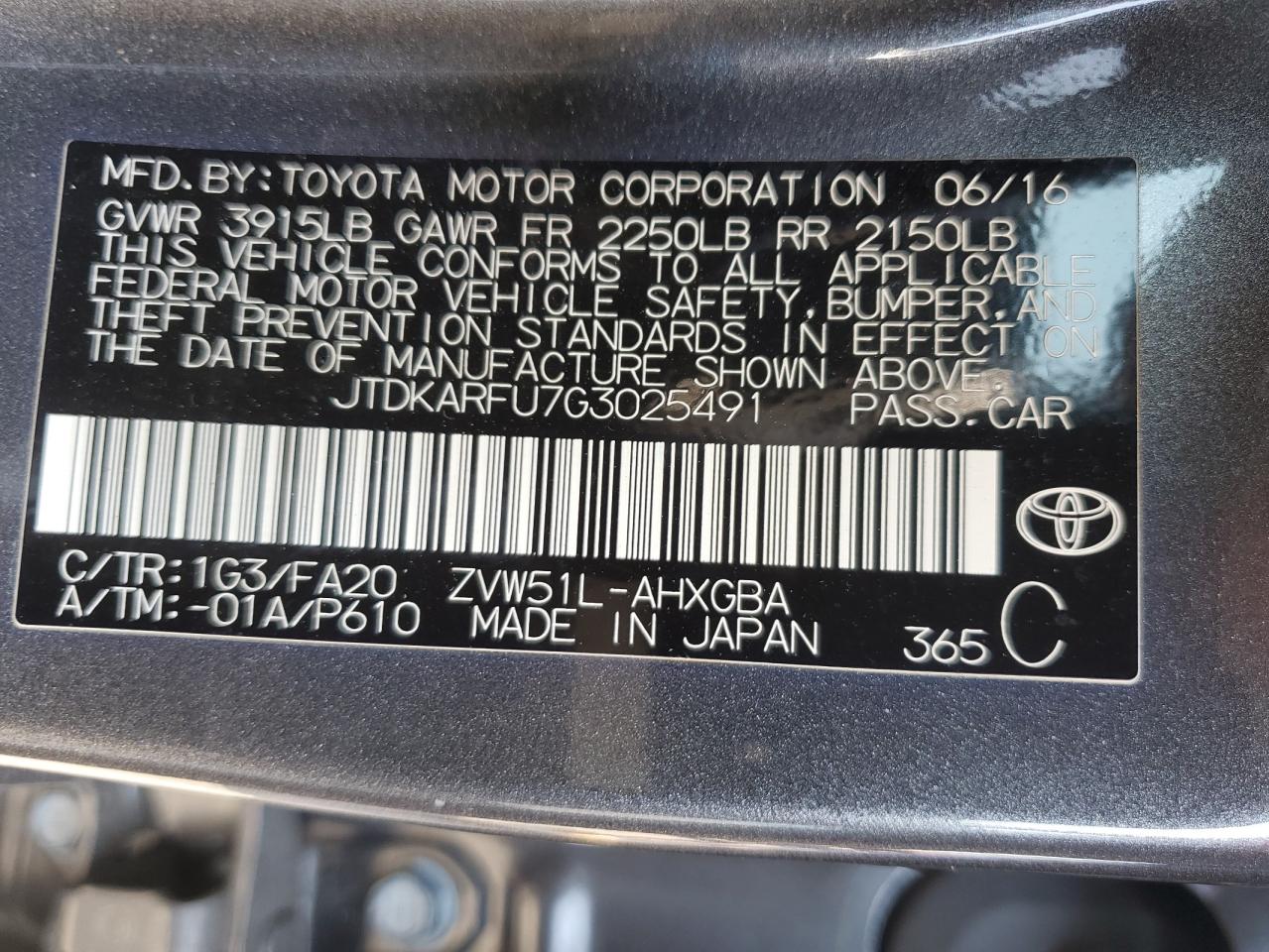 2016 Toyota Prius VIN: JTDKARFU7G3025491 Lot: 63127444