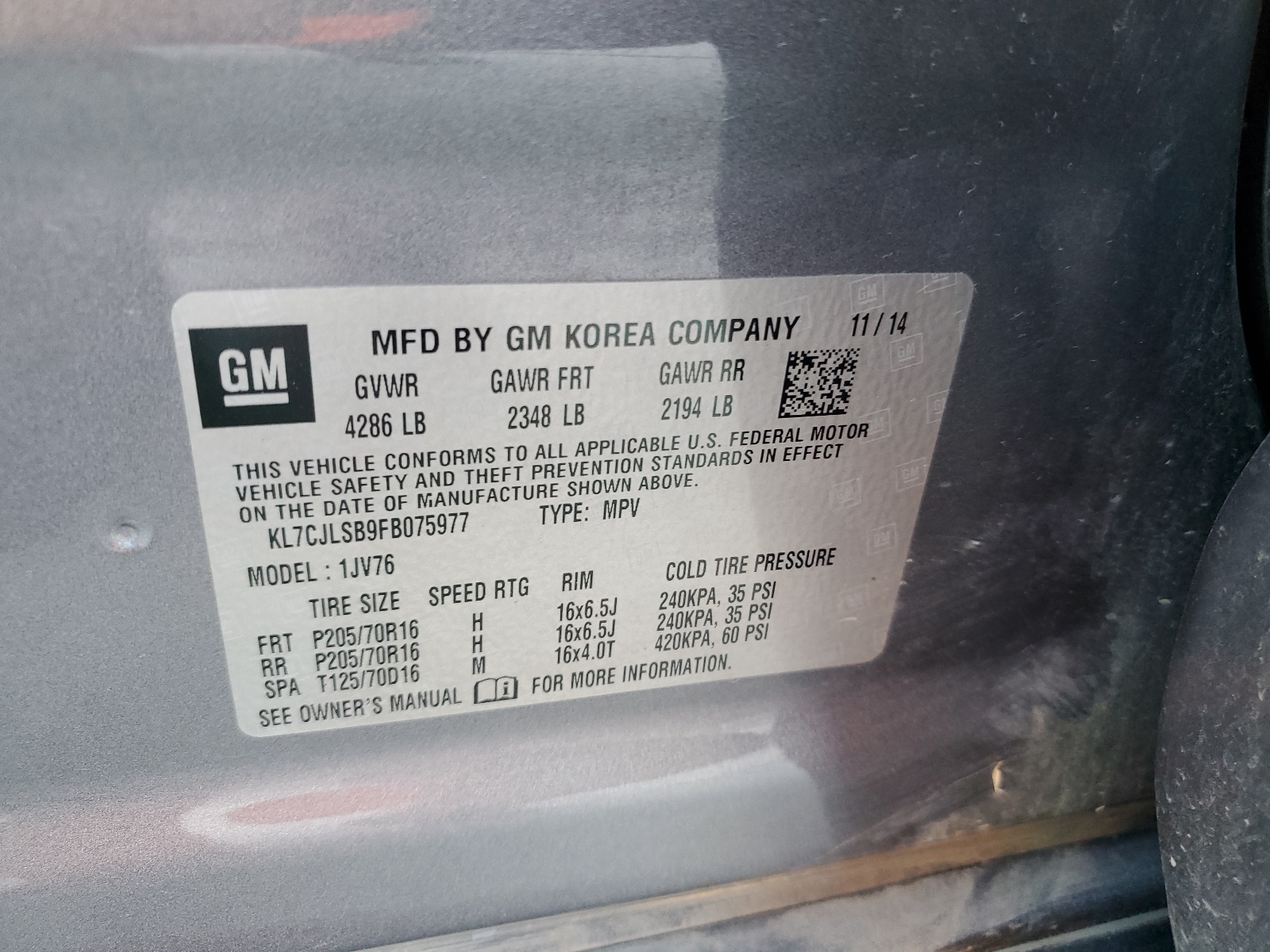 KL7CJLSB9FB075977 2015 Chevrolet Trax 1Lt