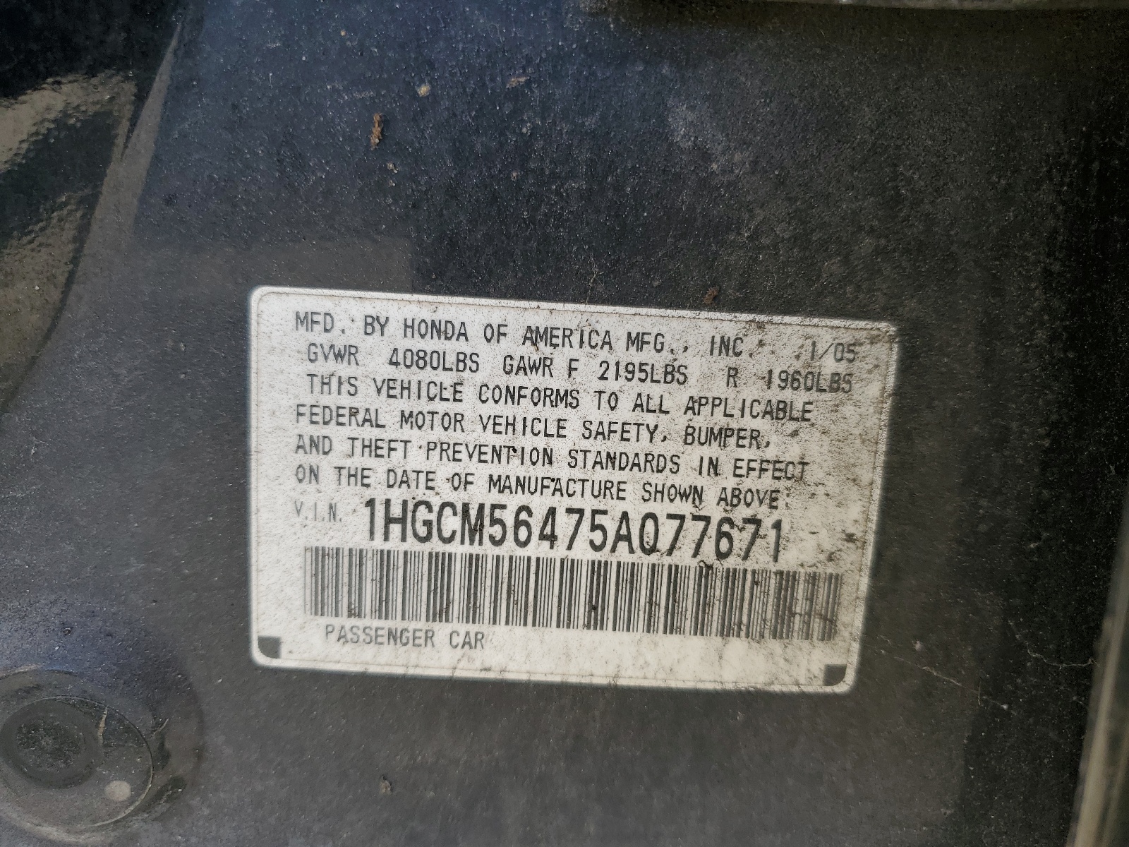 1HGCM56475A077671 2005 Honda Accord Lx