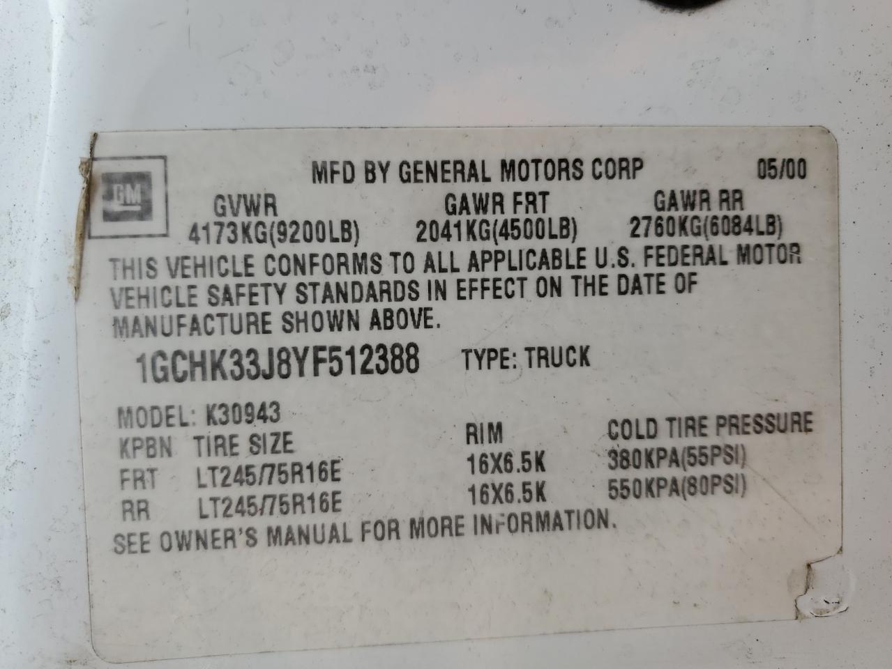 1GCHK33J8YF512388 2000 Chevrolet Gmt-400 K3500