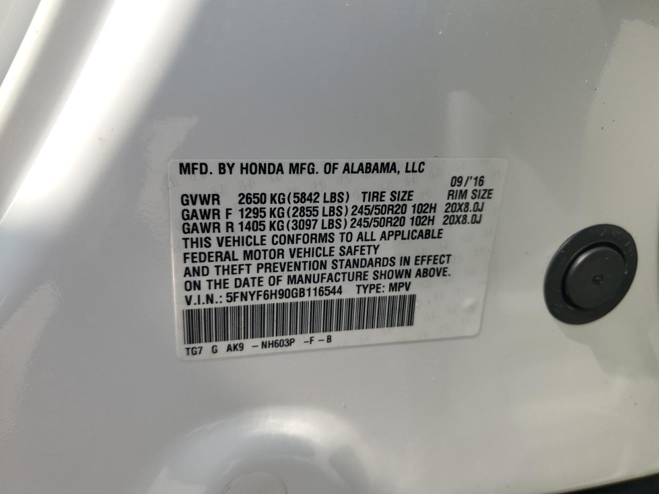 2016 Honda Pilot Touring VIN: 5FNYF6H90GB116544 Lot: 67322154